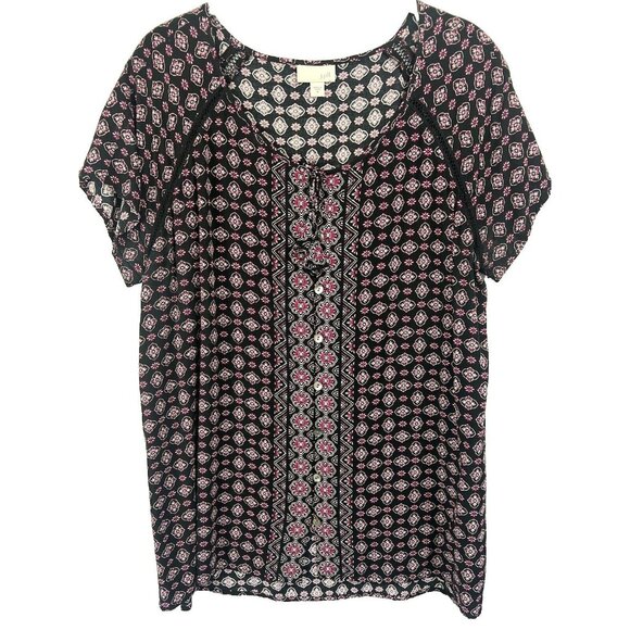 J Jill Women Top M Black Pink White  Button Down Shirt Raglan Short Sleeve Rayon - Picture 1 of 7